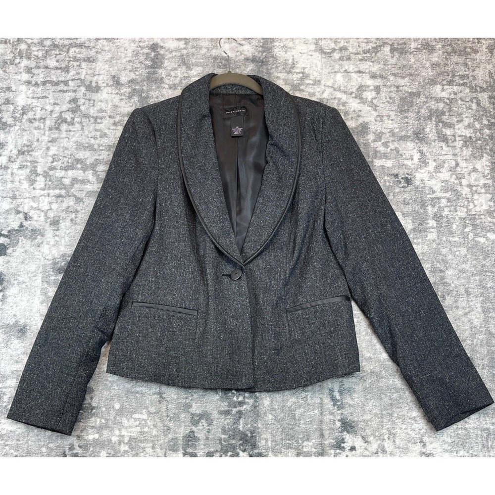 Investments Women 10 Blazer Grey Speckled One Button Faux Leather Trim Academia